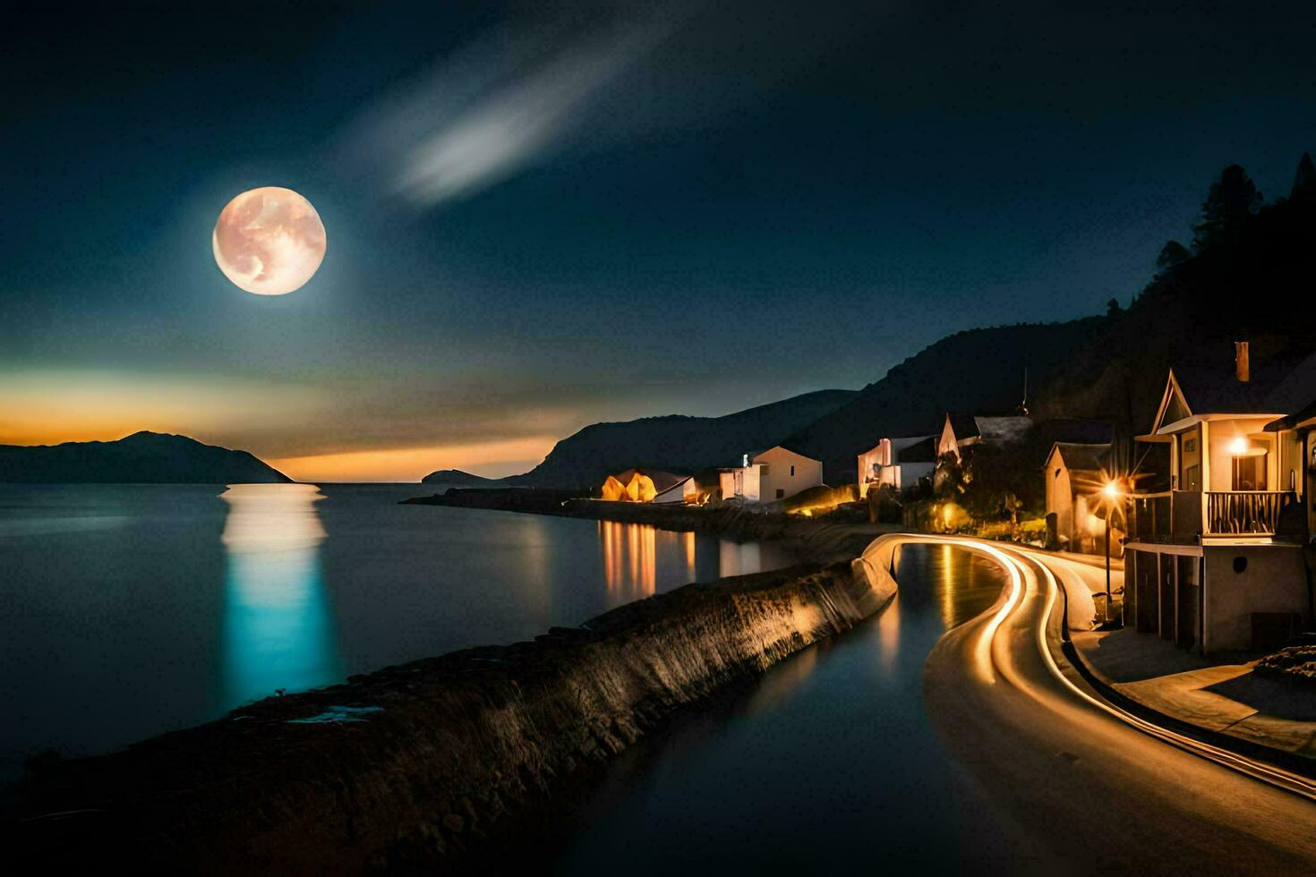 un lleno Luna brilla terminado un pueblo a noche. generado por ai foto