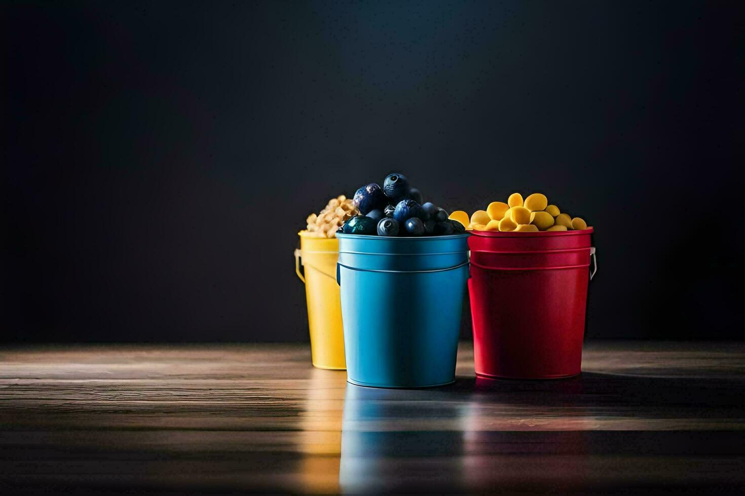 Tres cubos de arándanos y arándanos en un mesa. generado por ai foto