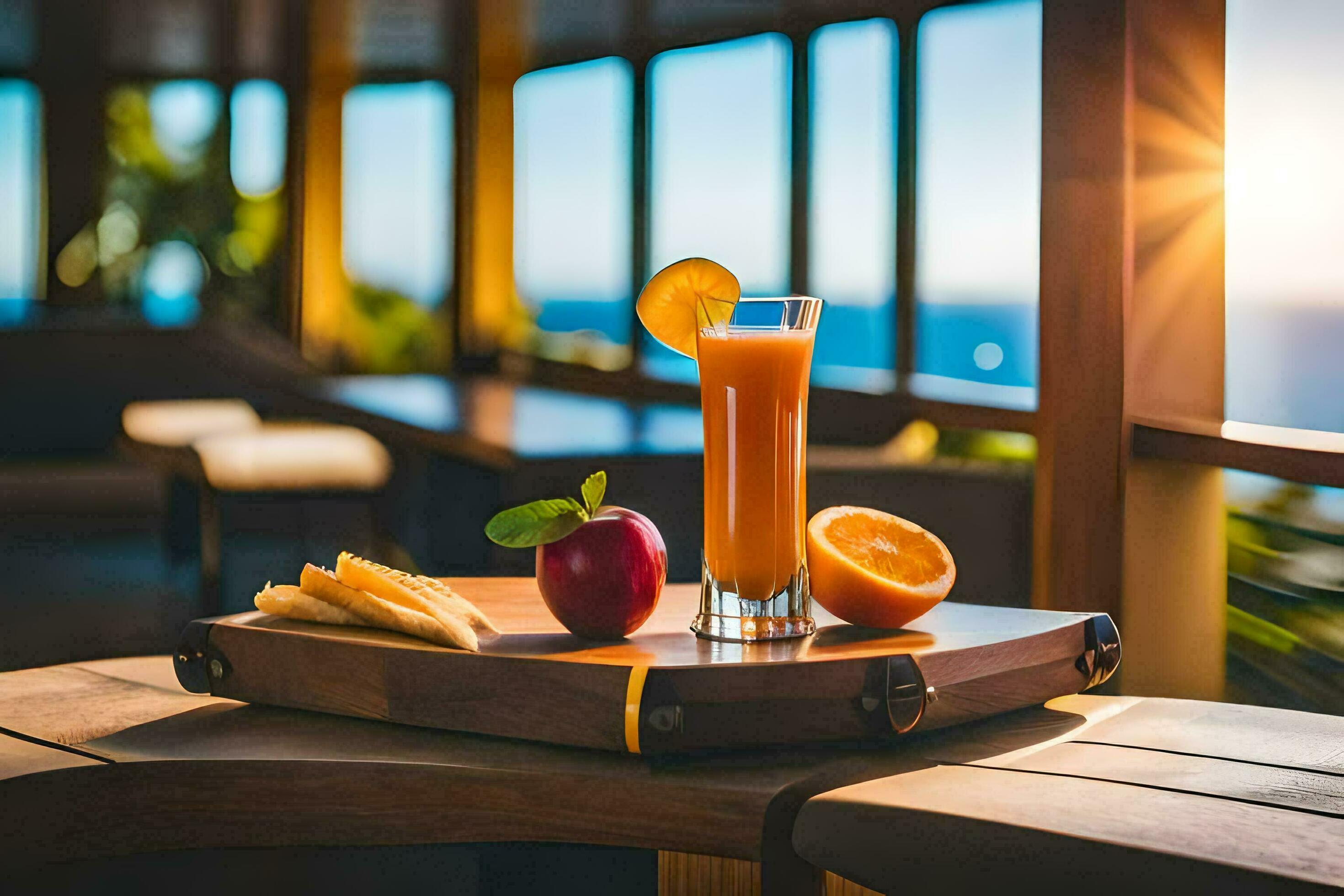 a tray with an orange juice and cheese on a table. AIGenerated
