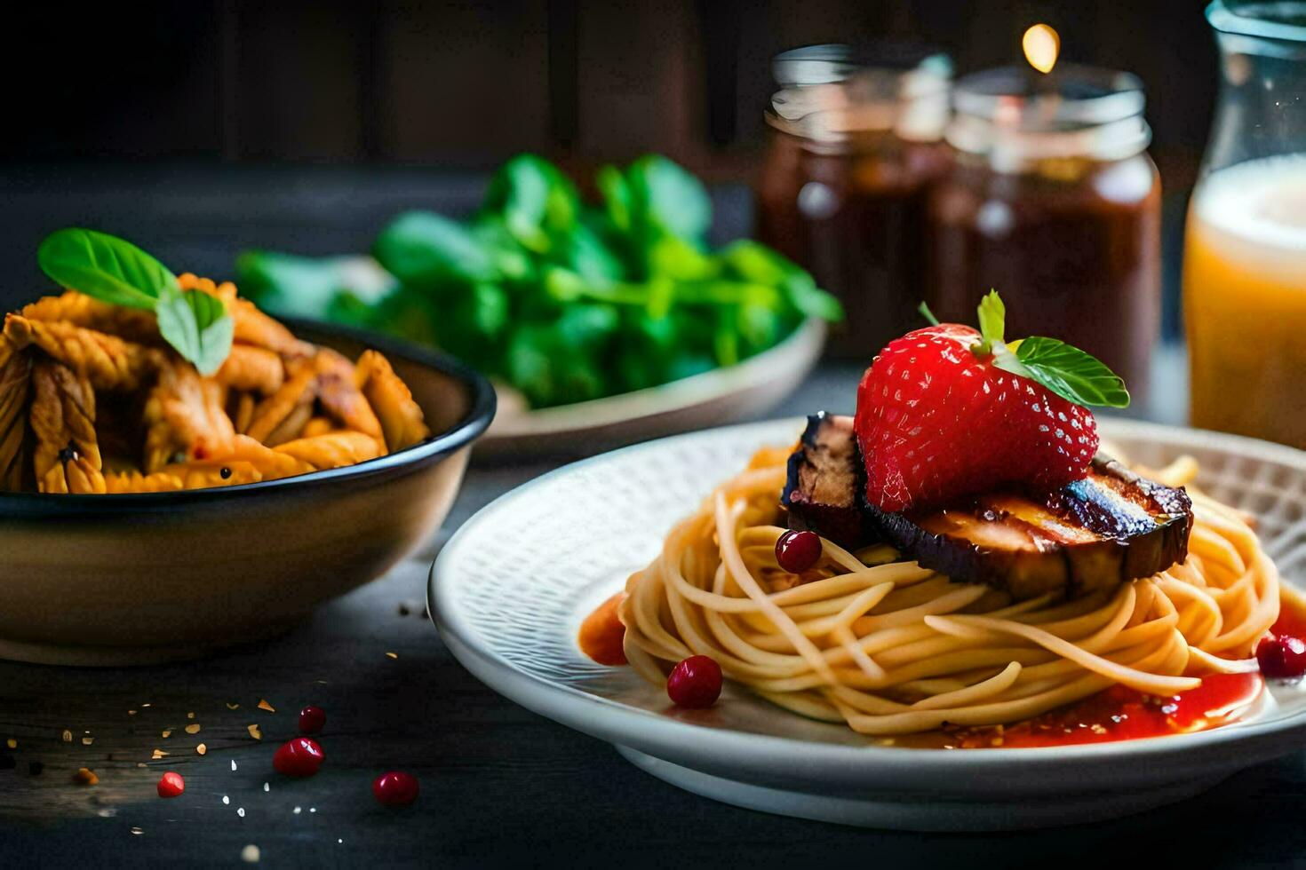a plate of spaghetti with meat and strawberries. AI-Generated photo