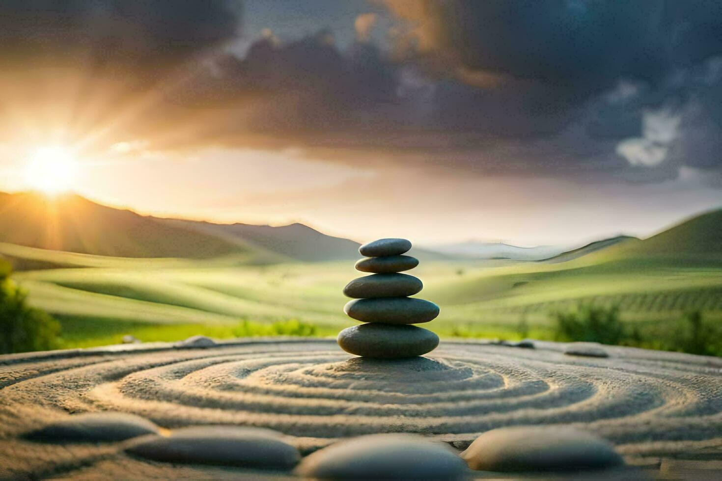 a stack of stones in the middle of a field. AI-Generated photo
