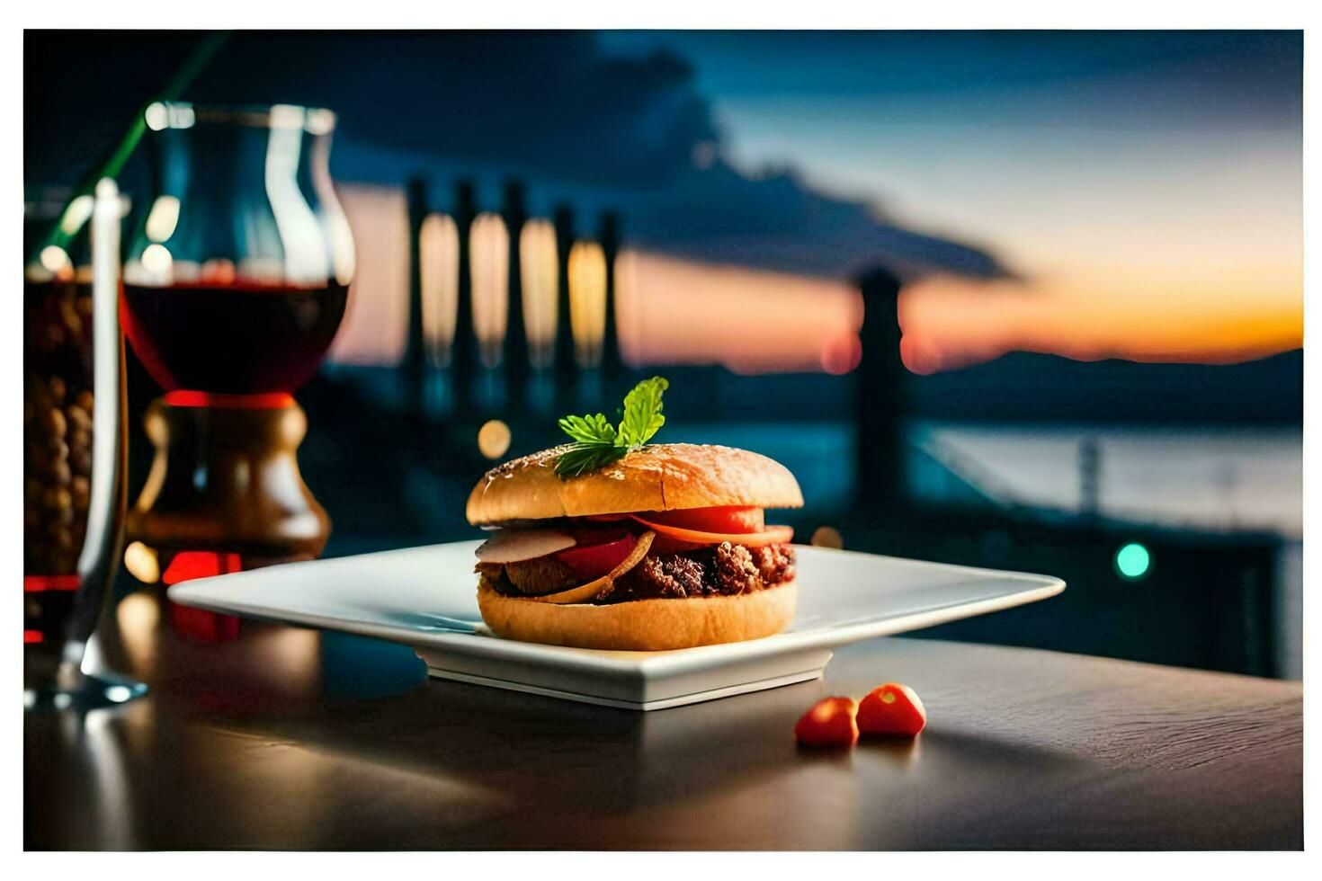 a hamburger on a plate with a glass of wine. AI-Generated photo