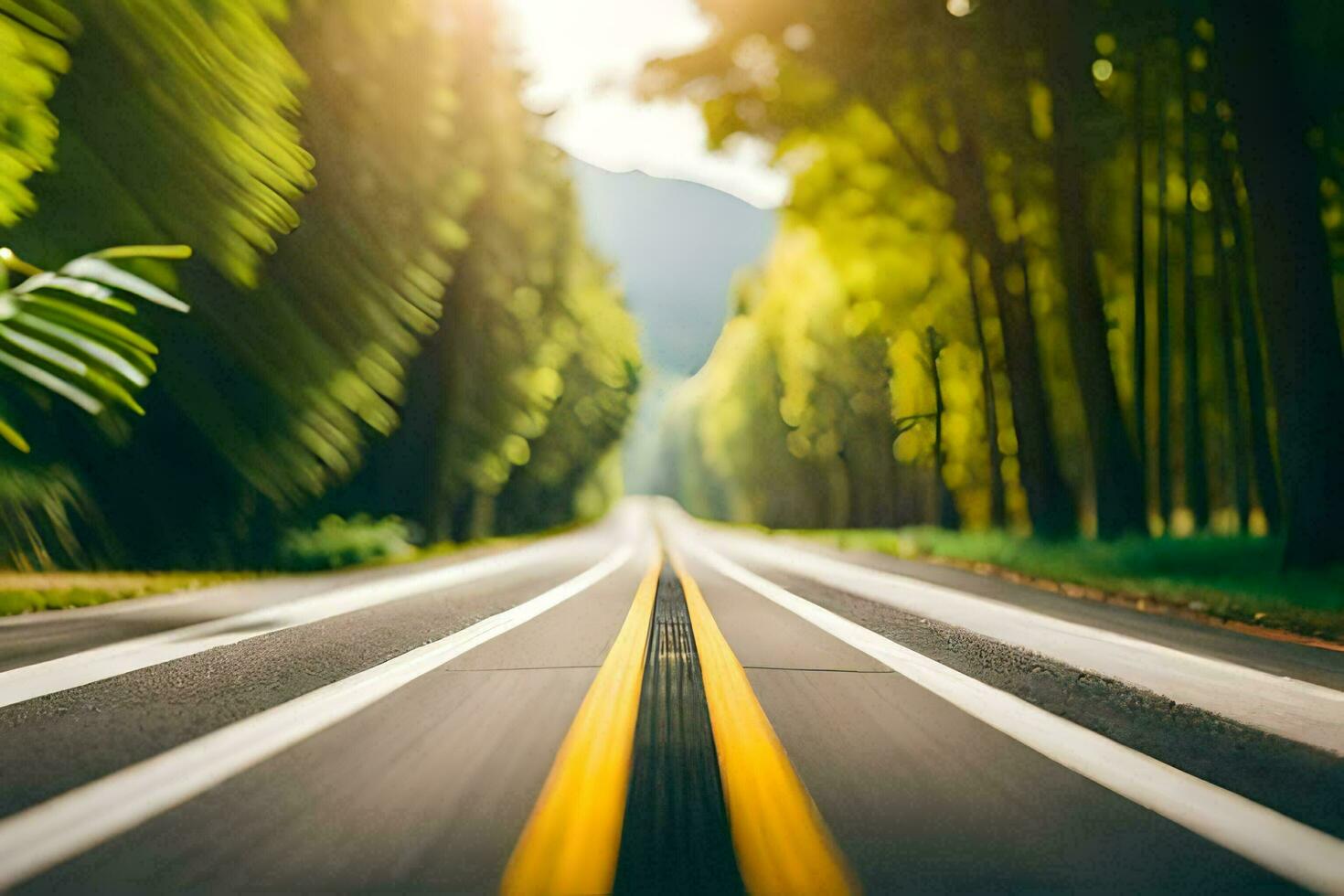 a road with trees and sun shining through the trees. AI-Generated photo