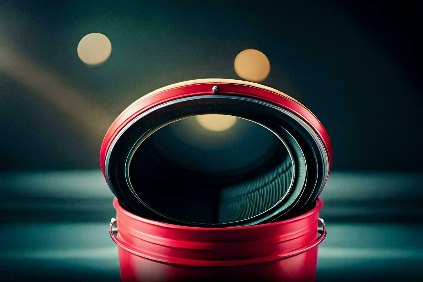 a red bucket with a lens inside. AI-Generated photo