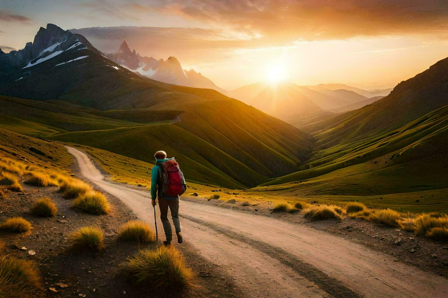 a hiker walking on a road in the mountains at sunset. AI-Generated photo