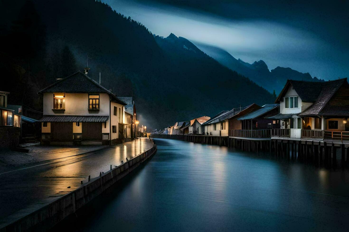 a river runs through a town at night. AI-Generated photo