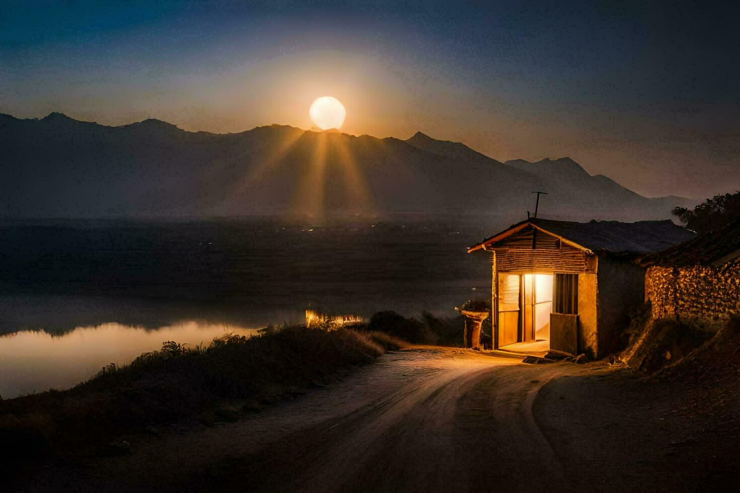 the sun sets over a small hut in the middle of a lake. AI-Generated photo