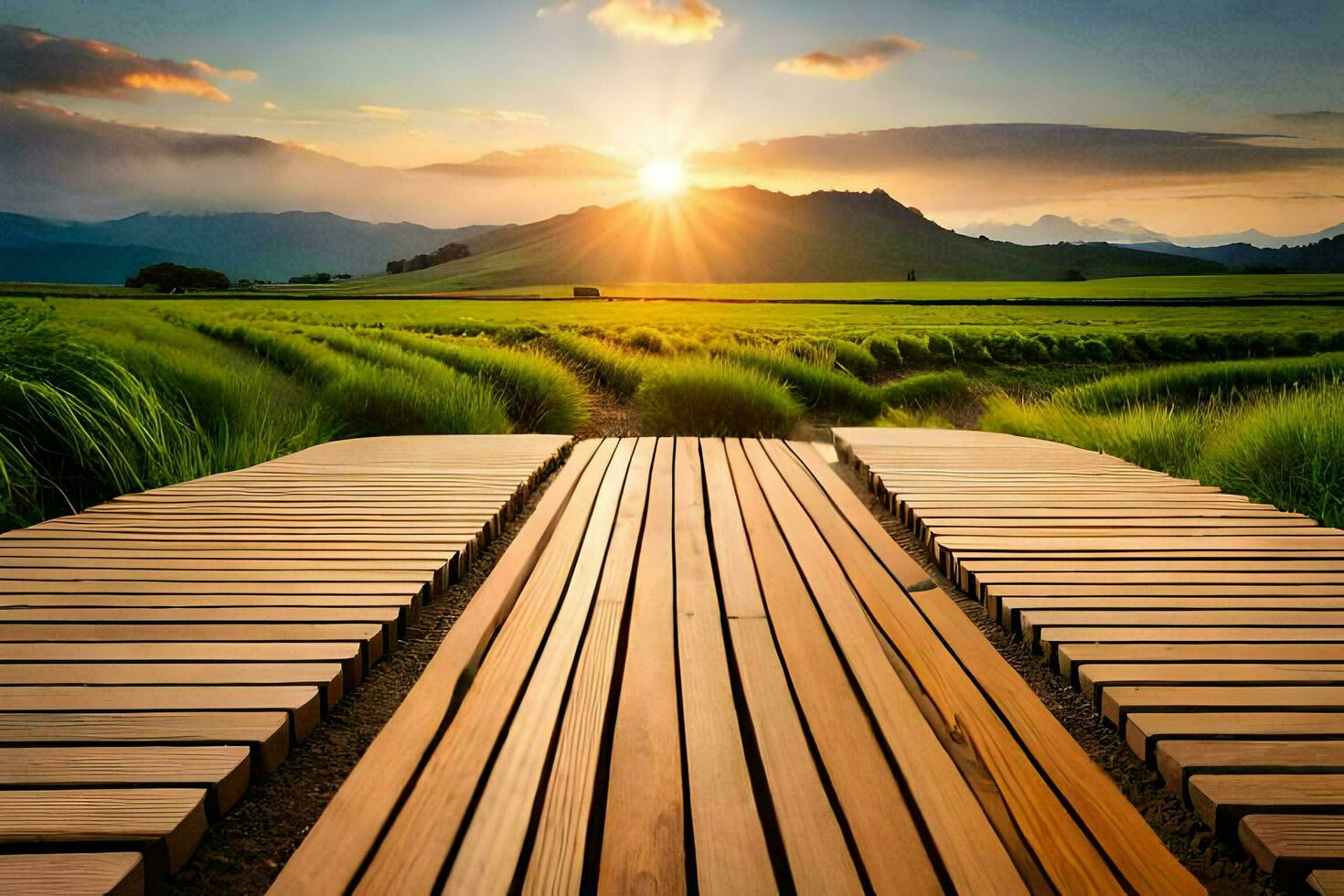 the sun rises over a wooden bridge in the middle of a rice field. AI-Generated photo