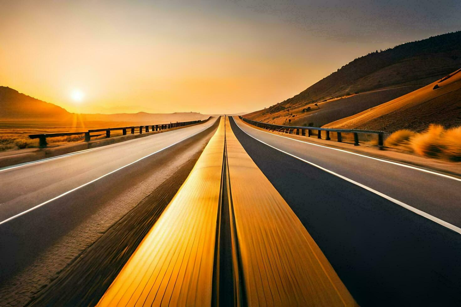 a highway with the sun setting behind it. AI-Generated photo