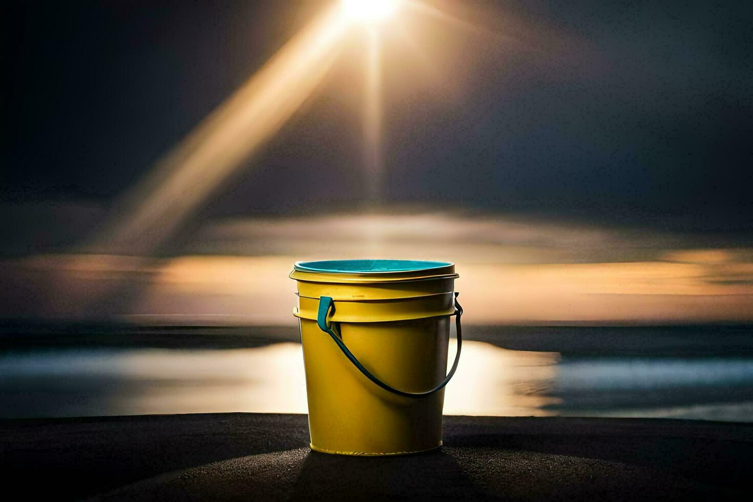 un amarillo Cubeta se sienta en el playa a puesta de sol. generado por ai foto