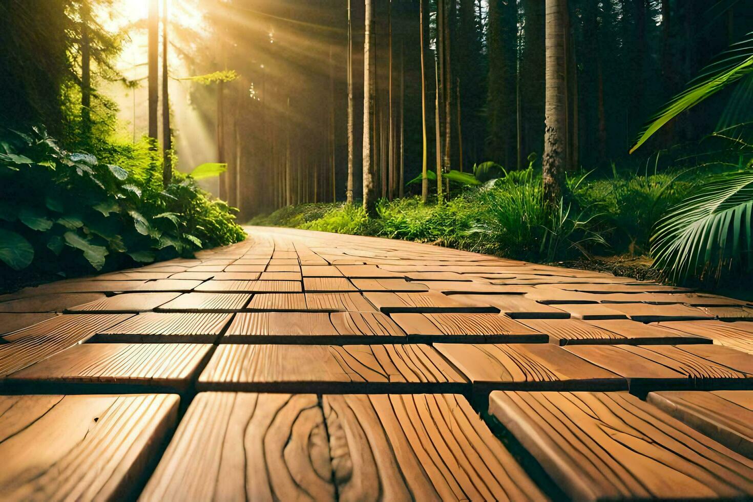 a wooden path in the forest with sun shining through. AI-Generated photo