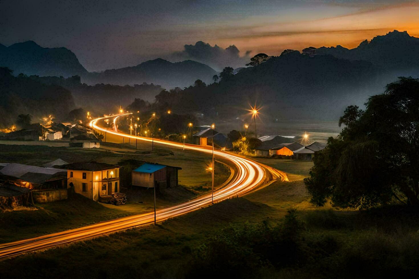 a long exposure photo of a road and houses in the mountains. AI-Generated