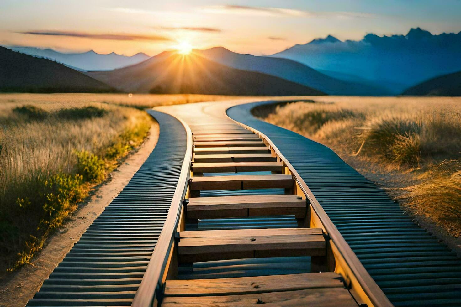 a wooden walkway leads to the sun in the distance. AI-Generated photo