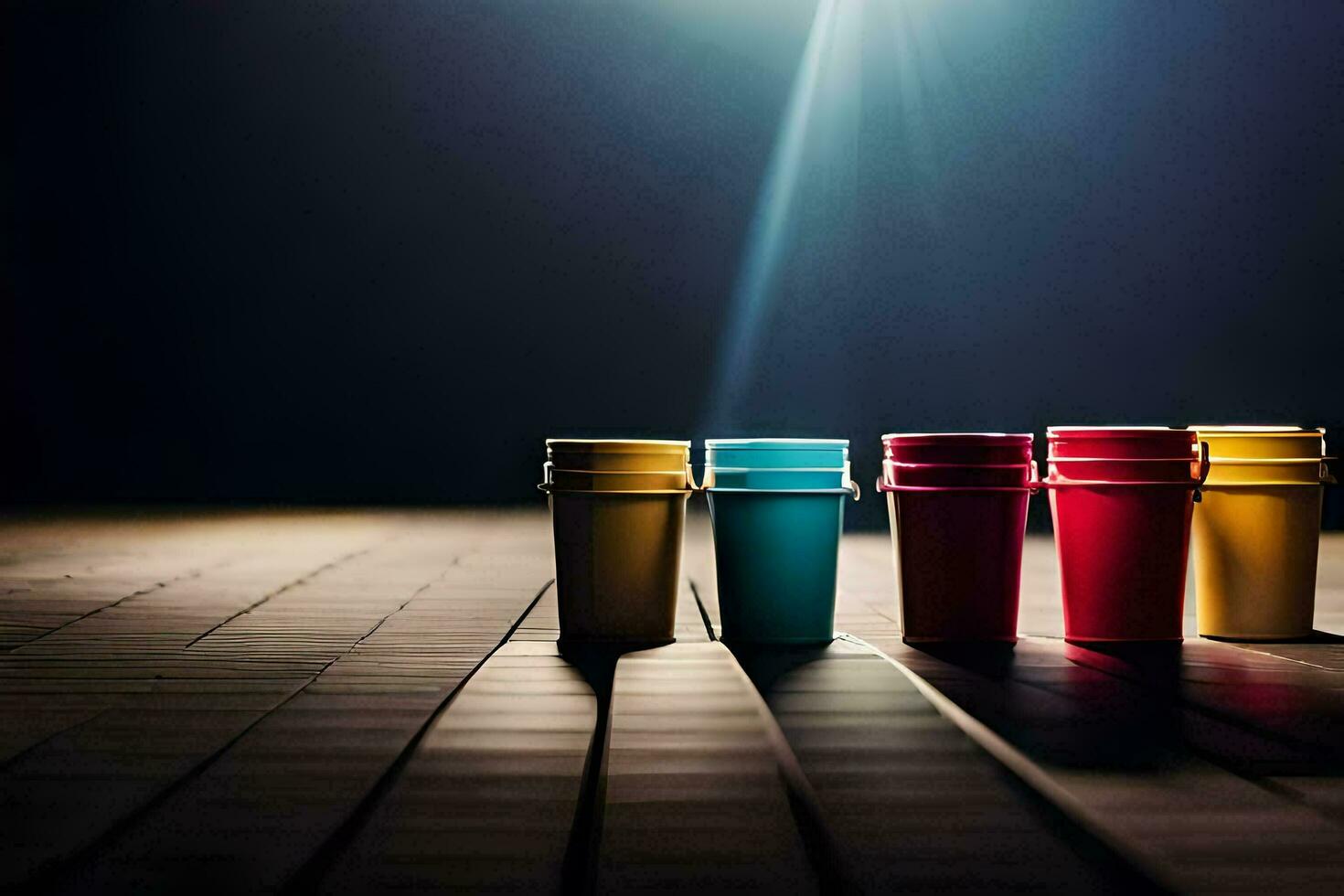 four colorful cups on a table with a light shining on them. AI-Generated photo