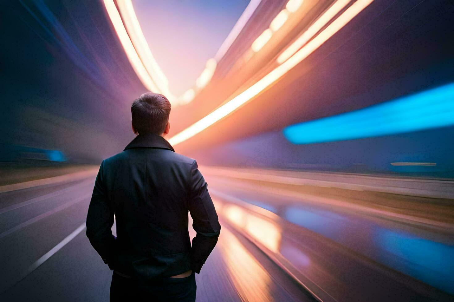 un hombre en pie en el lado de un autopista mirando a el cámara. generado por ai foto