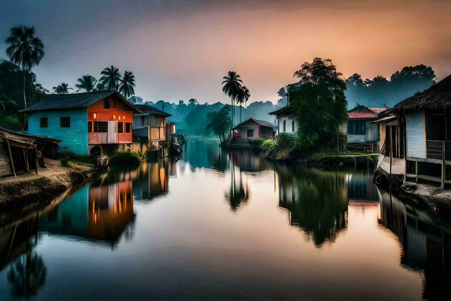 houses on the river at sunset. AI-Generated photo