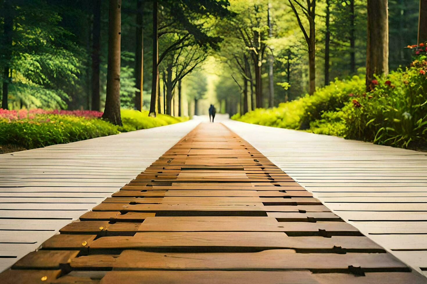 a walkway in the woods with trees and flowers. AI-Generated photo