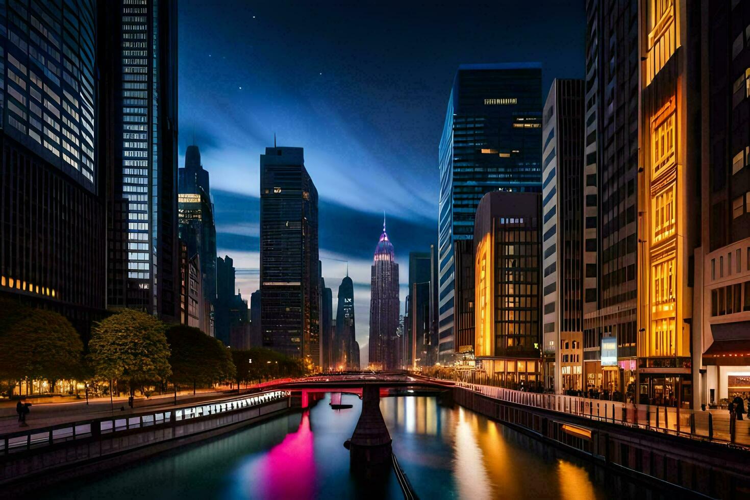 un río carreras mediante un ciudad a noche. generado por ai foto