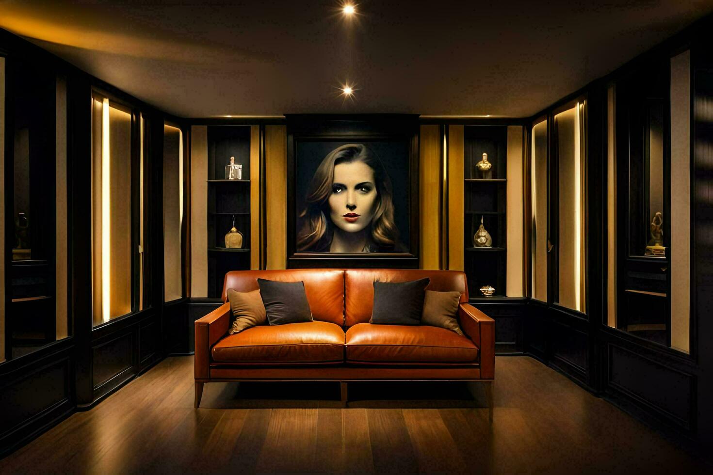 a room with a leather couch and a painting on the wall. AI-Generated photo