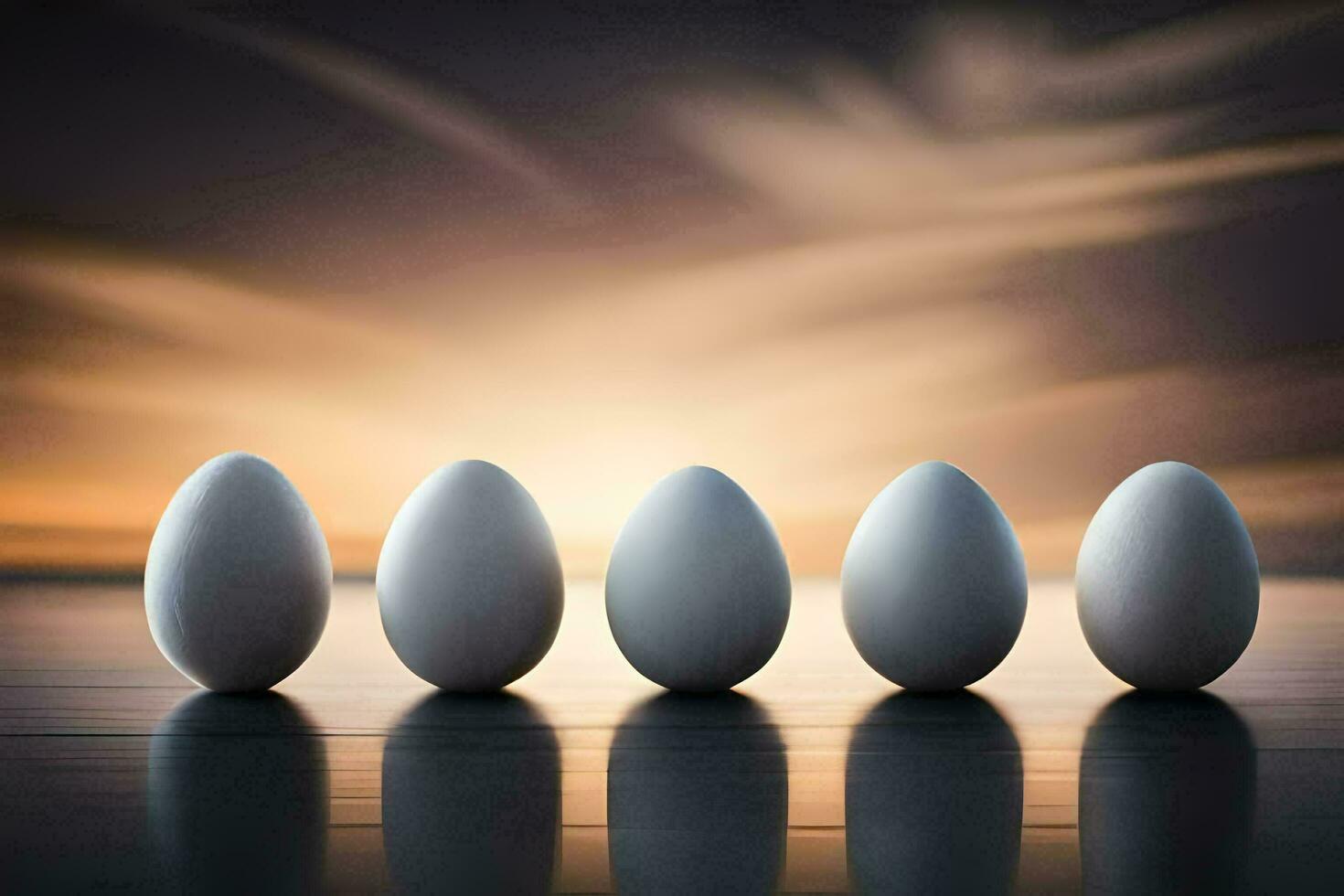 five white eggs in a row on a table. AI-Generated photo