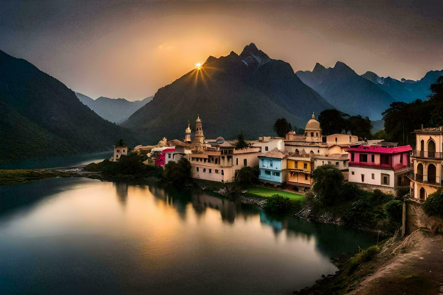 the sun sets over a village in the mountains. AI-Generated photo