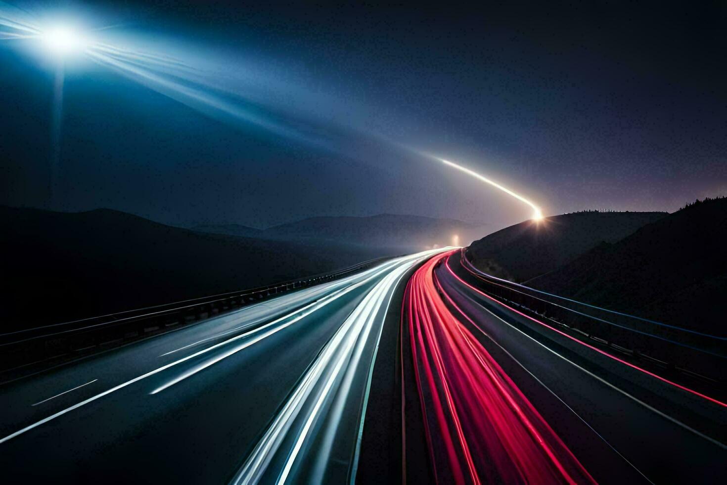 a long exposure photo of a highway at night. AI-Generated