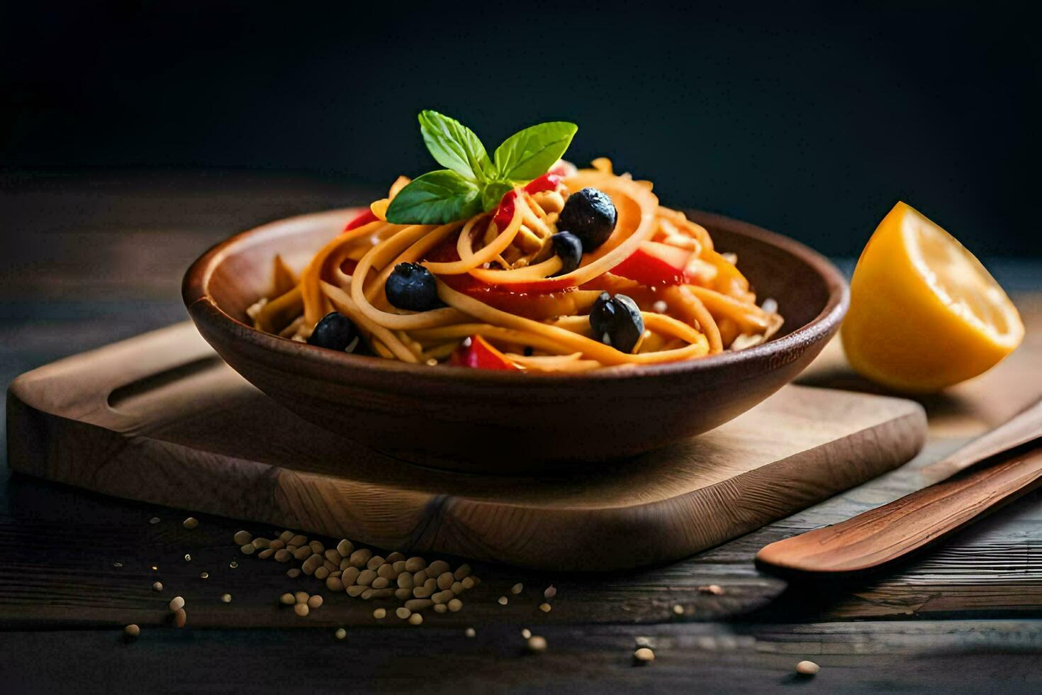 pasta con aceitunas y negro aceitunas en un de madera bol. generado por ai foto