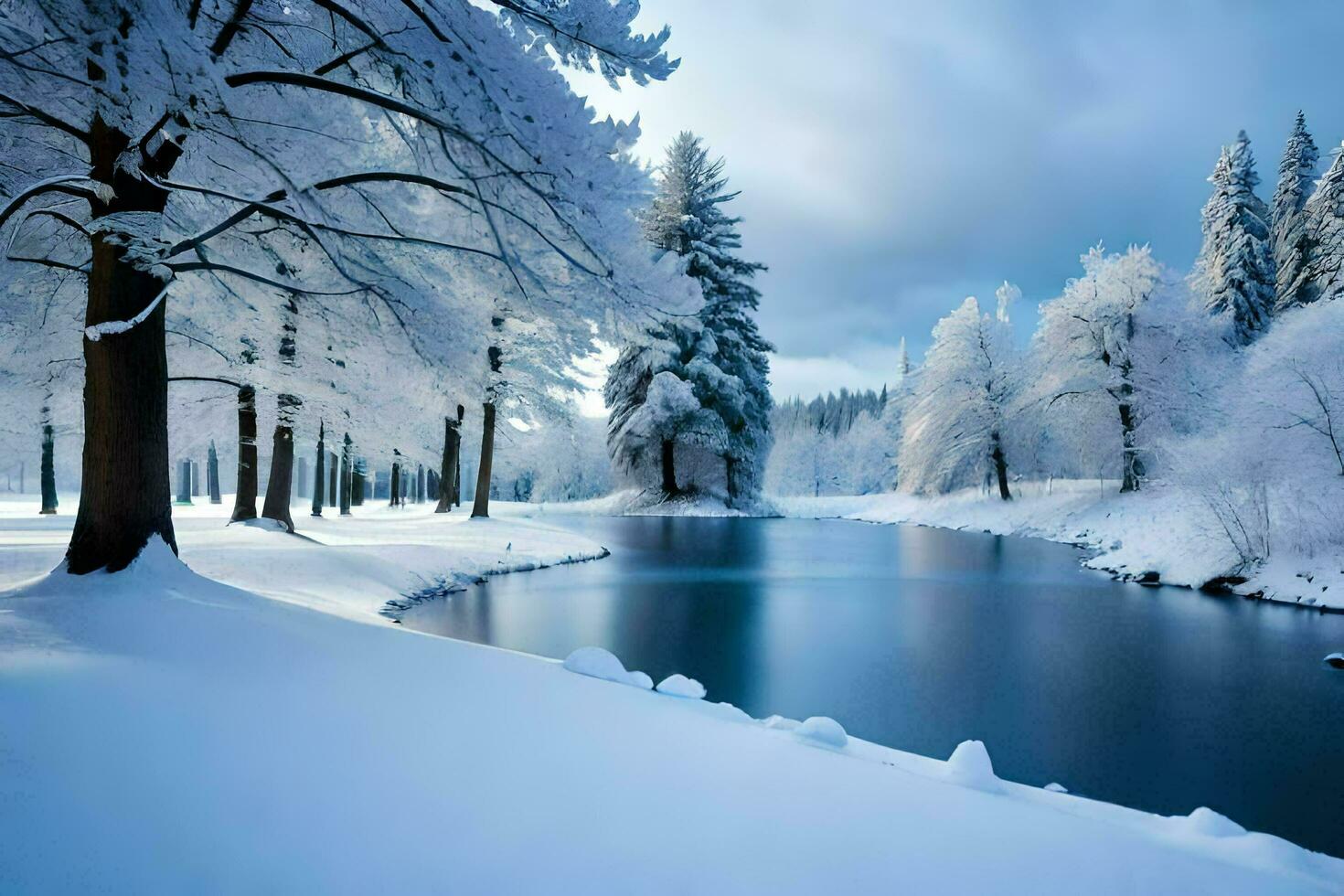 un río en el nieve. generado por ai foto