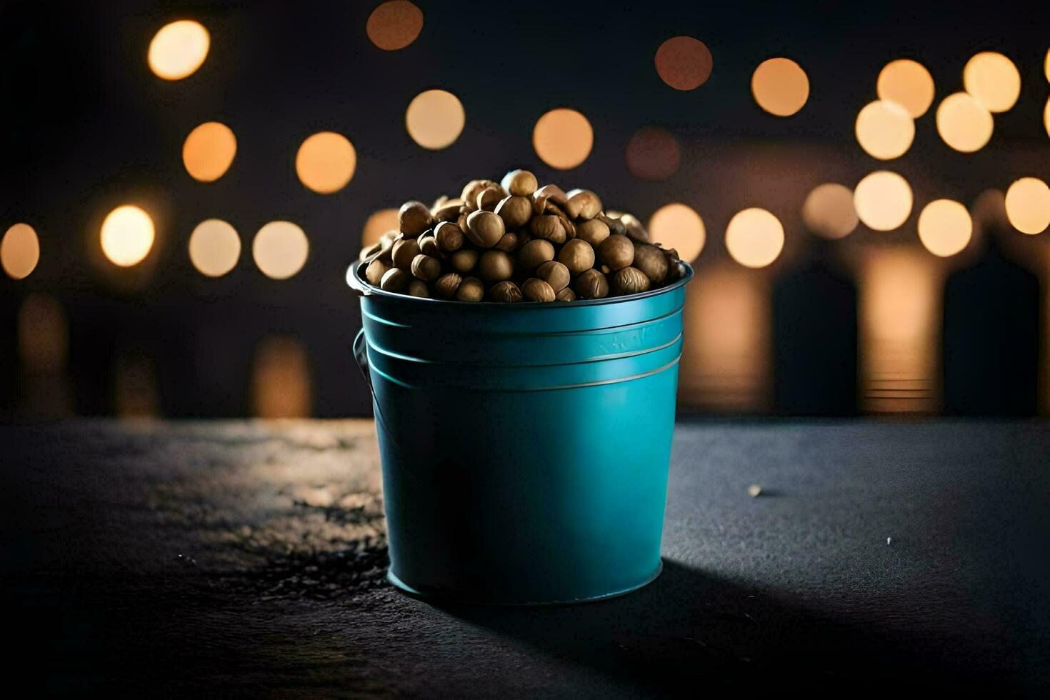 a bucket filled with beans on a table with lights in the background. AI-Generated photo