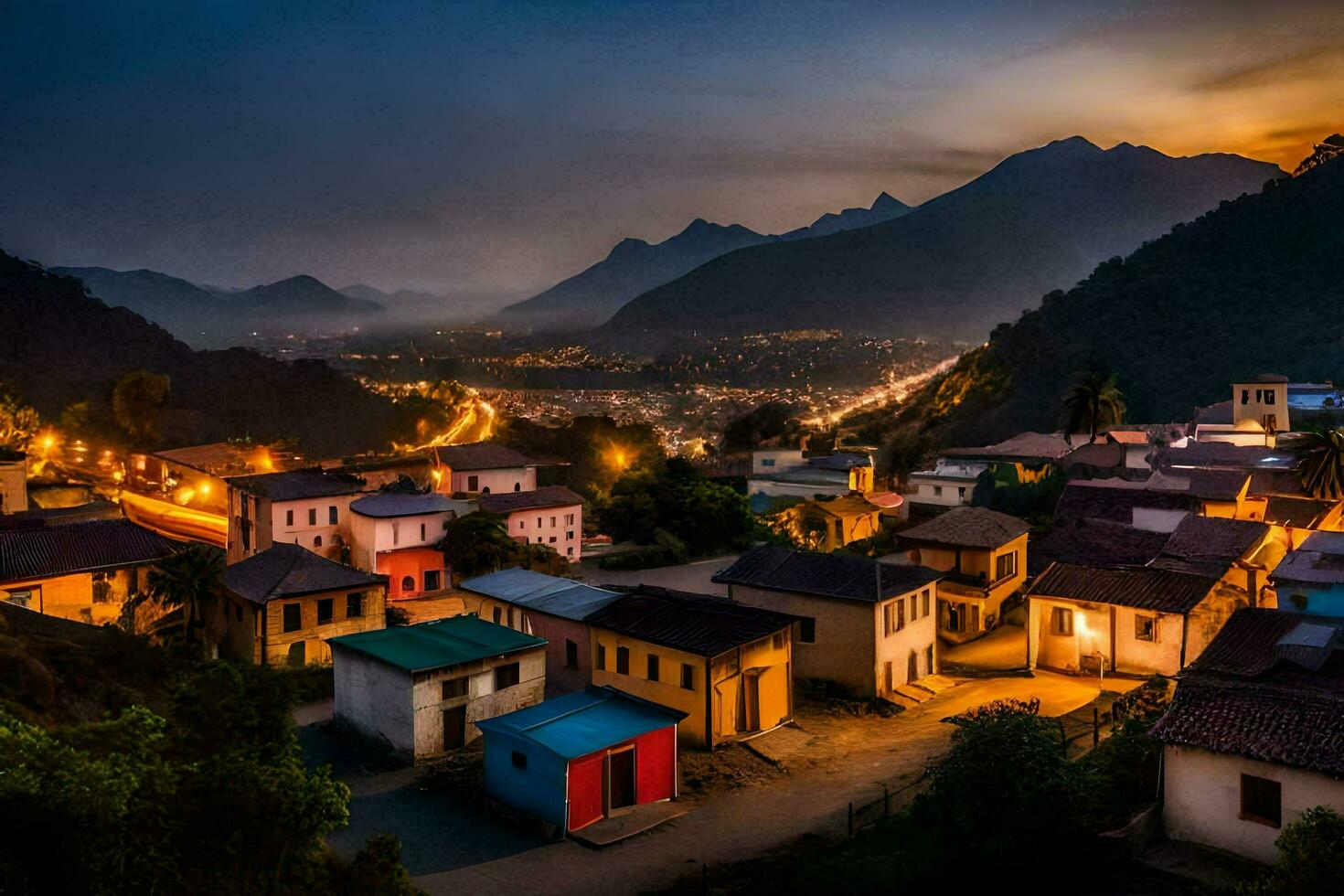 a village at dusk in the mountains. AI-Generated photo