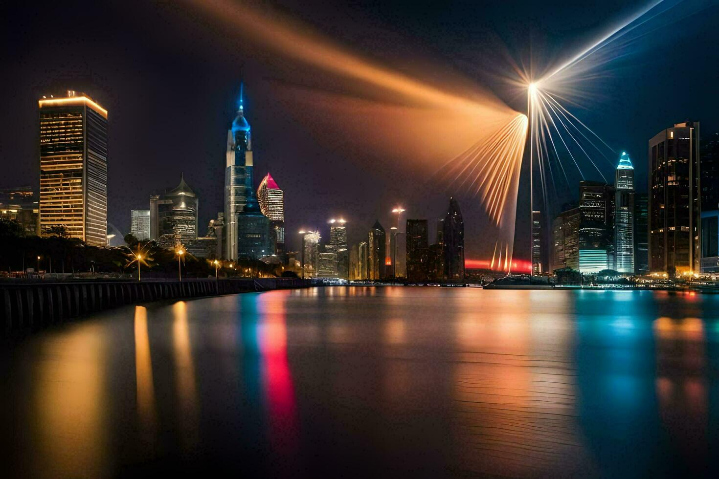 the city skyline is lit up at night with lights. AI-Generated photo