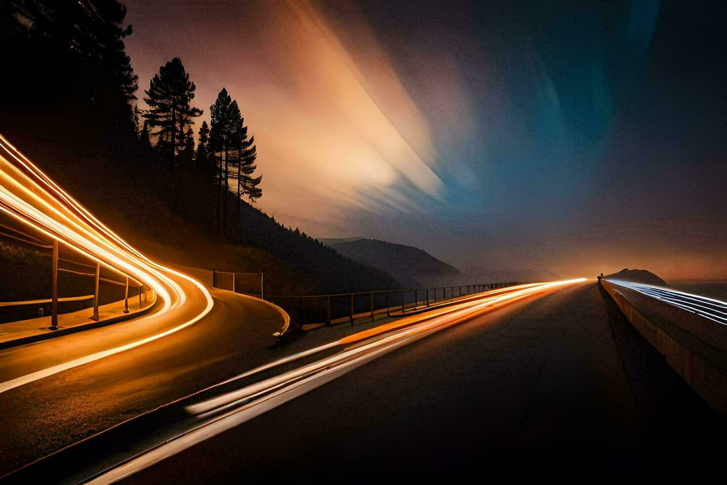 a long exposure photo of a highway at night. AI-Generated