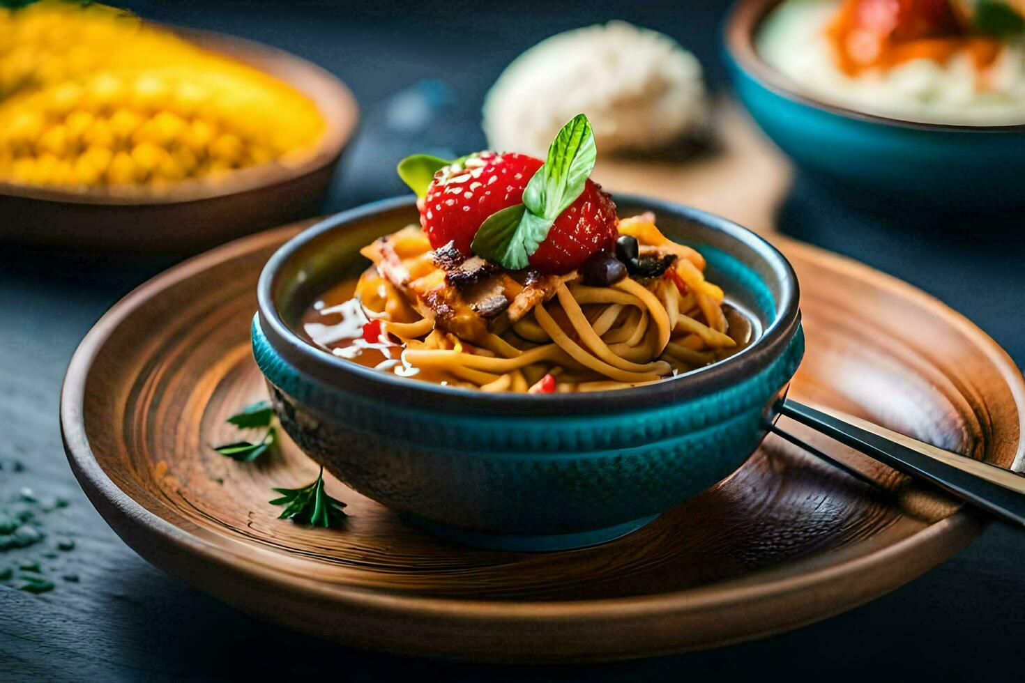 the food is served in a bowl with a spoon and a fork. AI-Generated photo