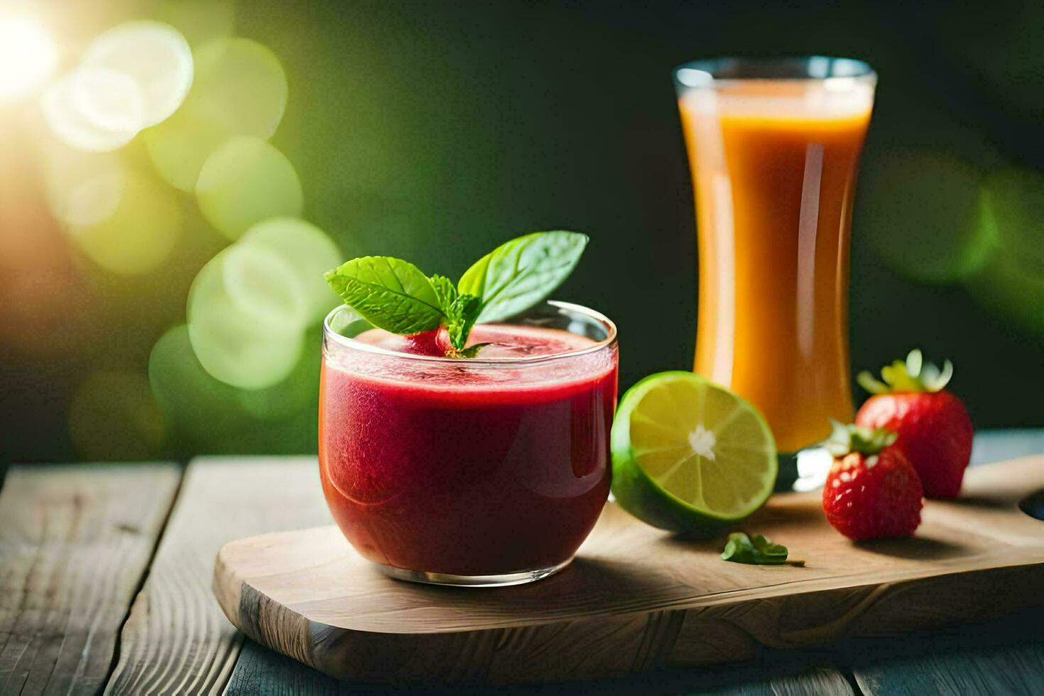 two juices on a wooden table with strawberries and mint. AI-Generated photo