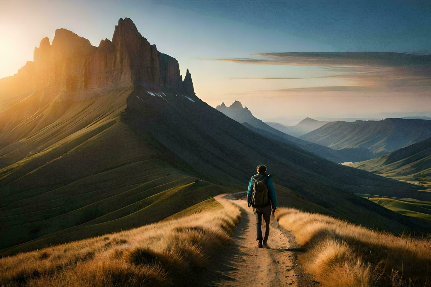 un hombre camina en un camino en el montañas. generado por ai foto