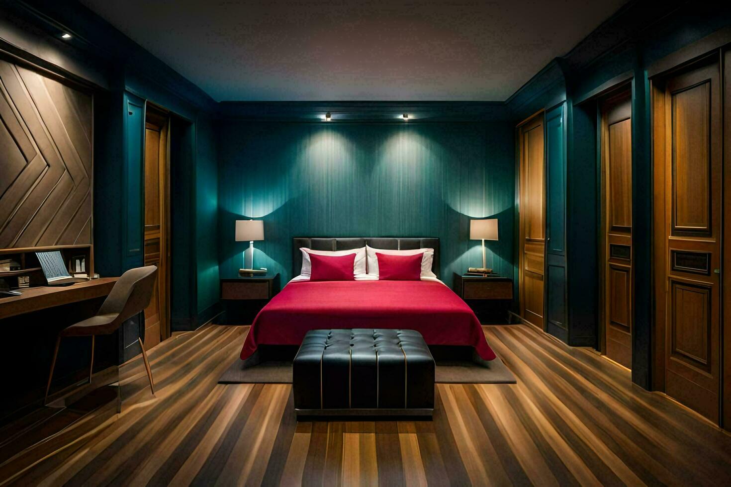 un dormitorio con verde azulado paredes y madera pisos generado por ai foto