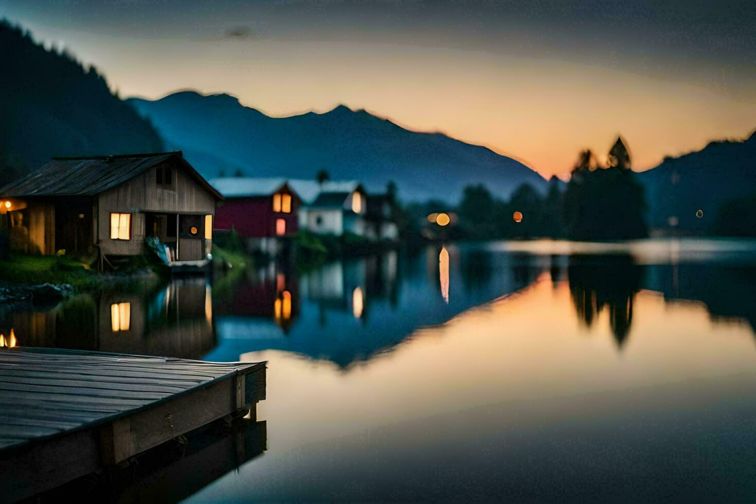 a lake and a dock at sunset with houses. AI-Generated photo