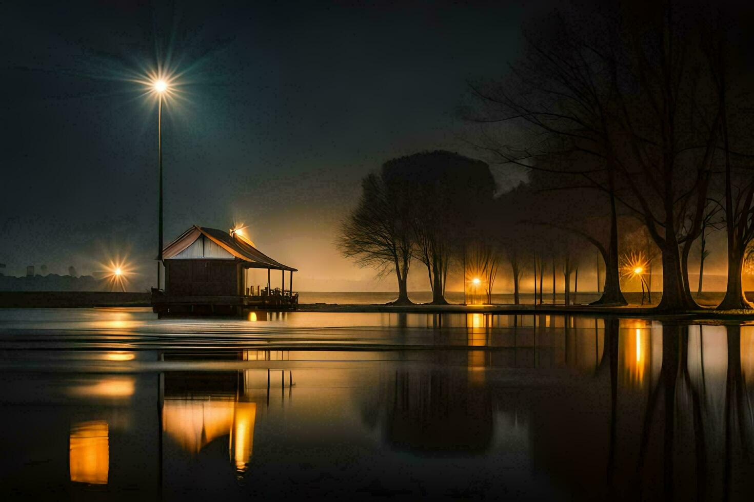 a house sits on the water at night. AI-Generated photo