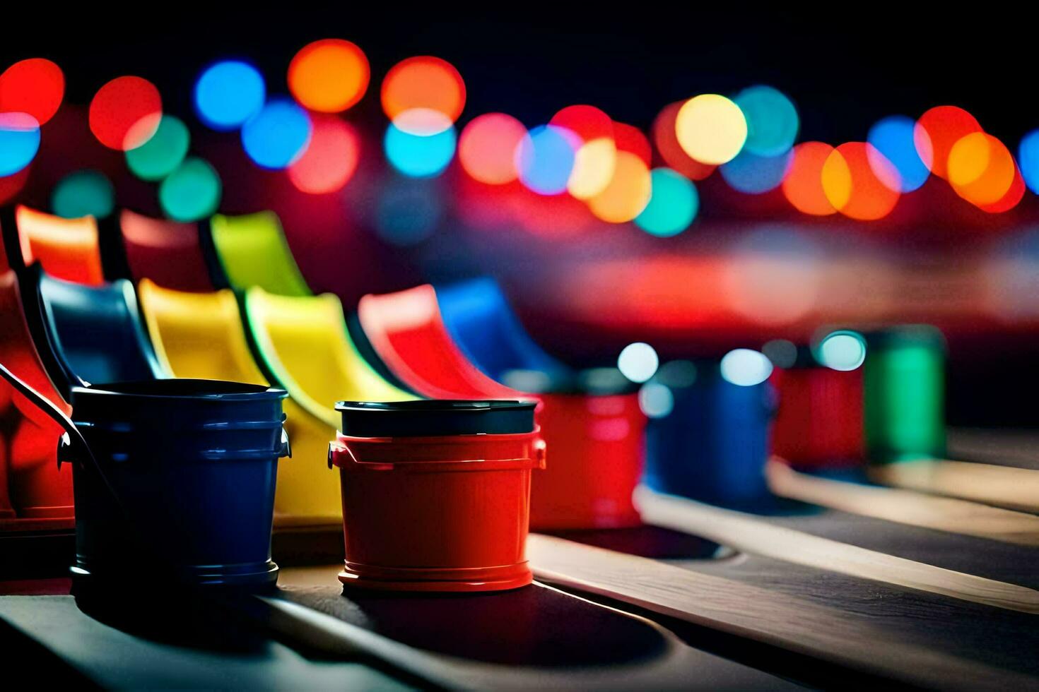 colorful buckets on a table with lights in the background. AI-Generated photo