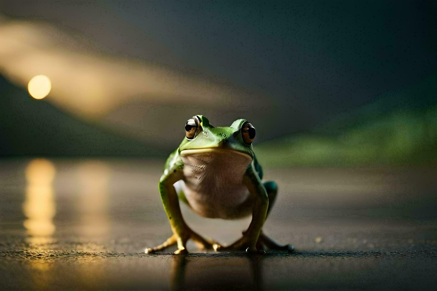 a frog is standing on the ground with the sun in the background. AI-Generated photo