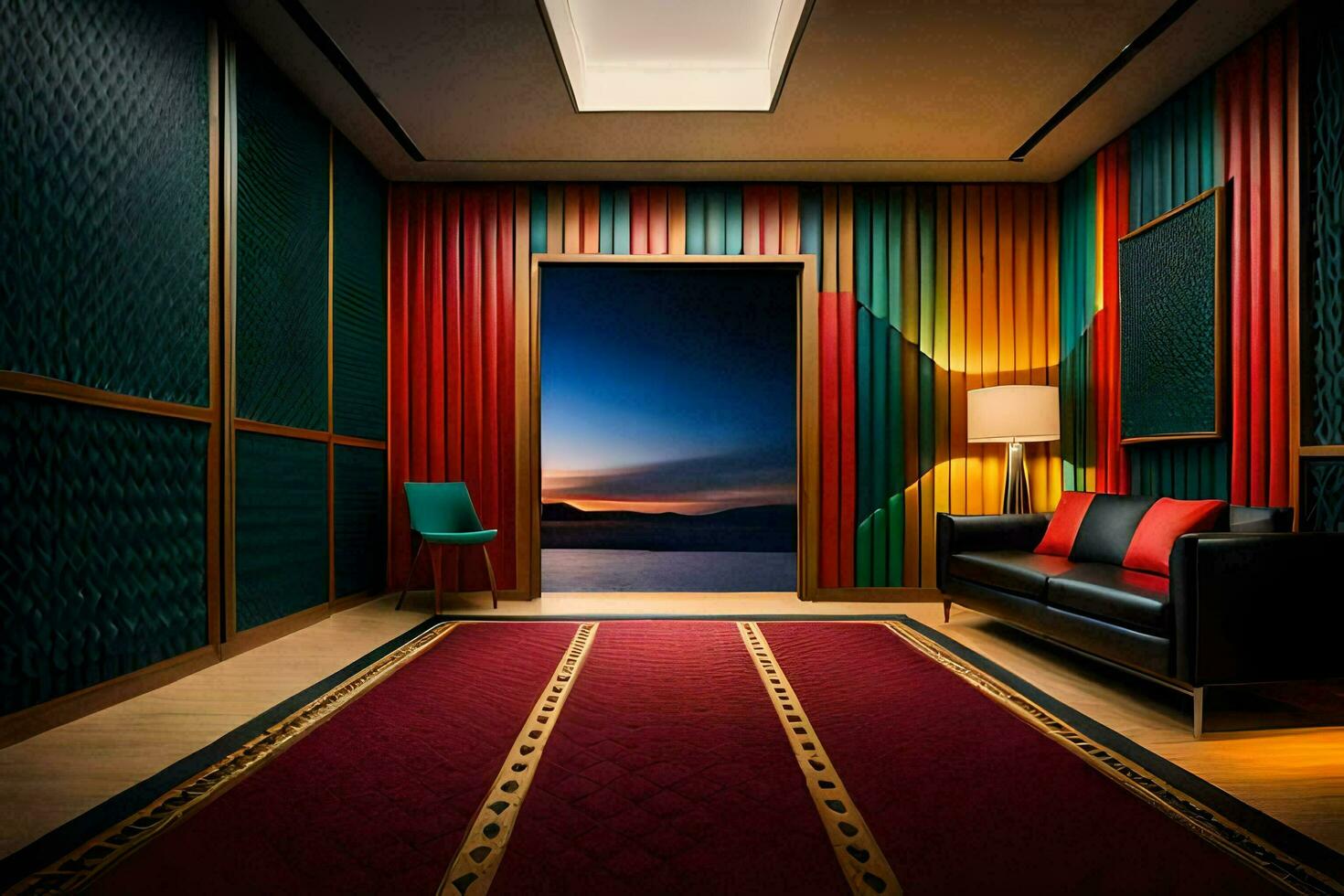 a room with a red carpet and a couch. AI-Generated photo