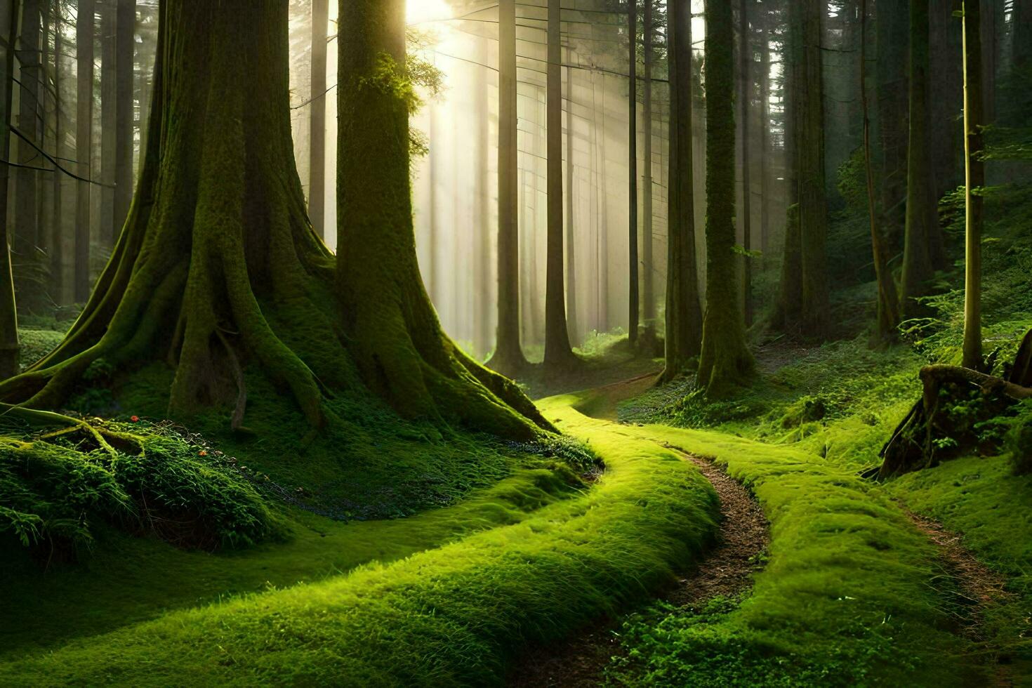 a path through a forest with trees and grass. AI-Generated photo