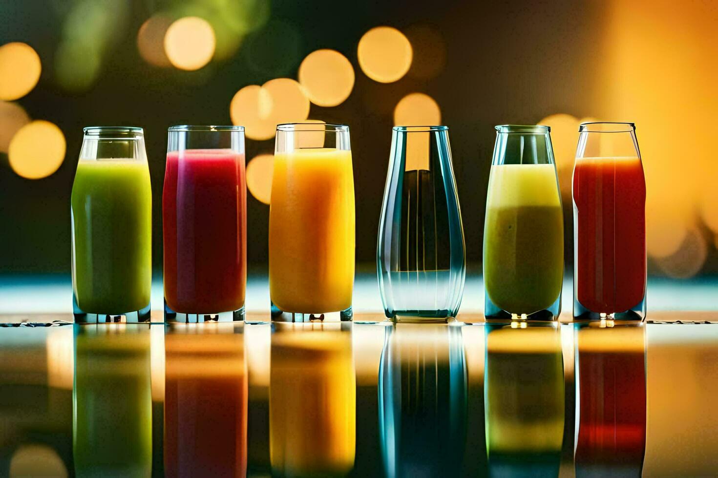 a row of glasses with different colored juices. AI-Generated photo