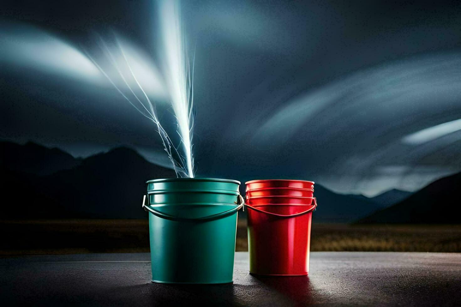 two buckets with a light coming out of one of them. AI-Generated photo