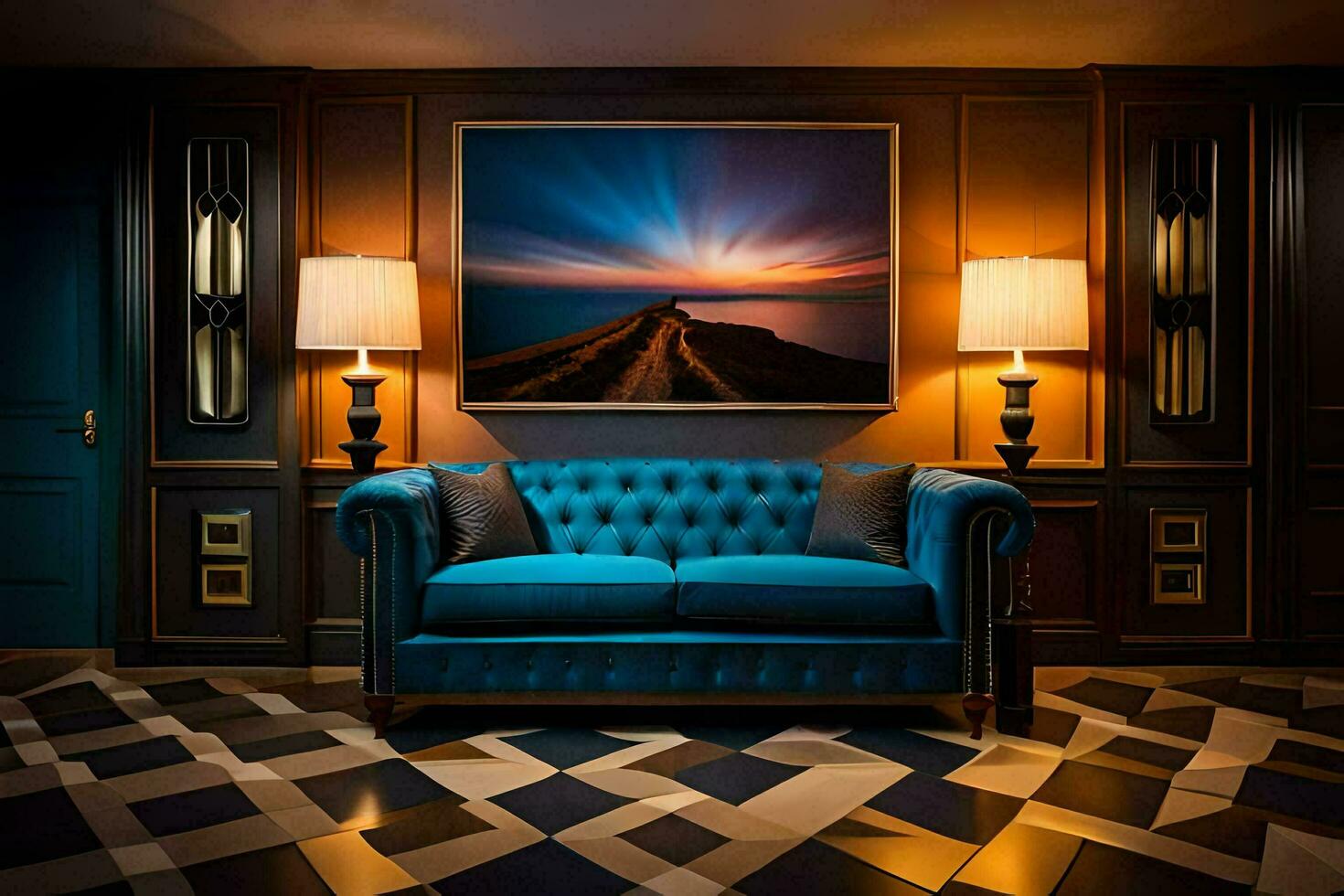 a blue couch in a room with a painting on the wall. AI-Generated photo