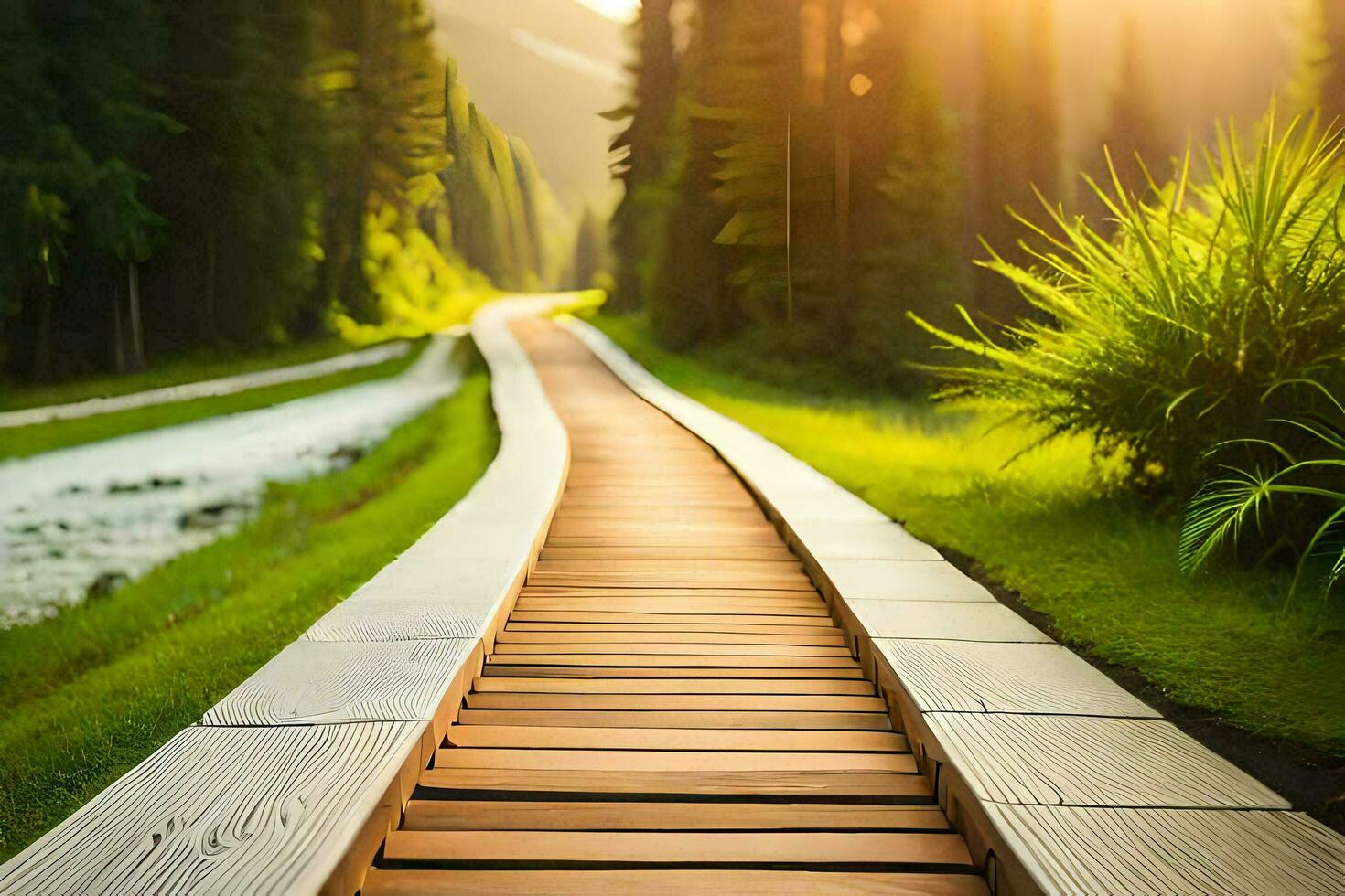 a wooden path in the middle of a green field. AI-Generated photo