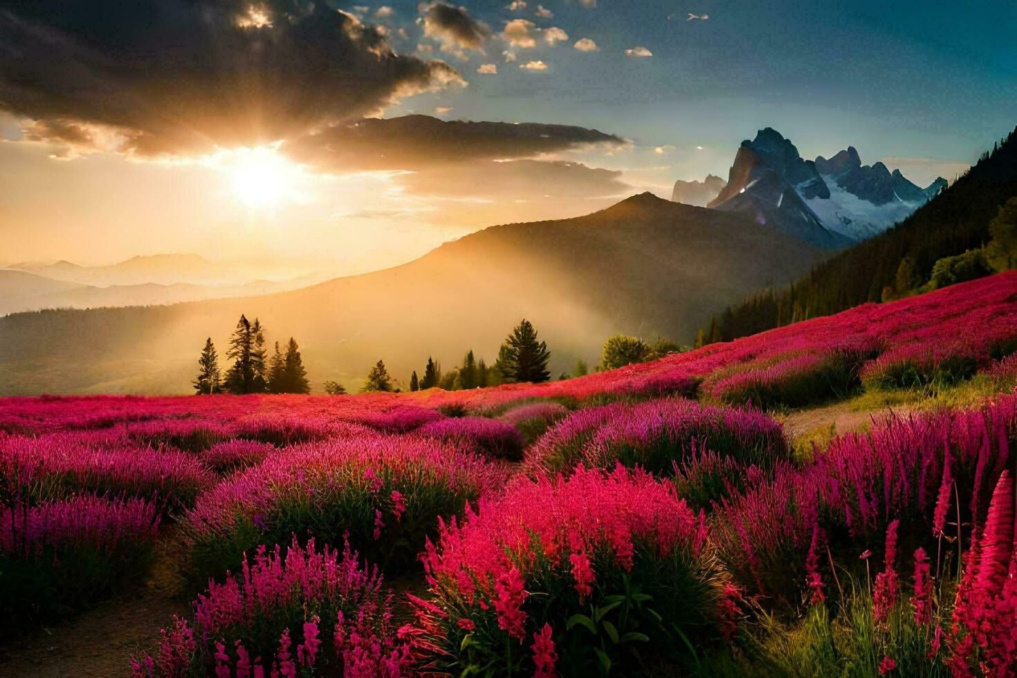 the sun rises over a field of pink flowers in the mountains. AI-Generated photo