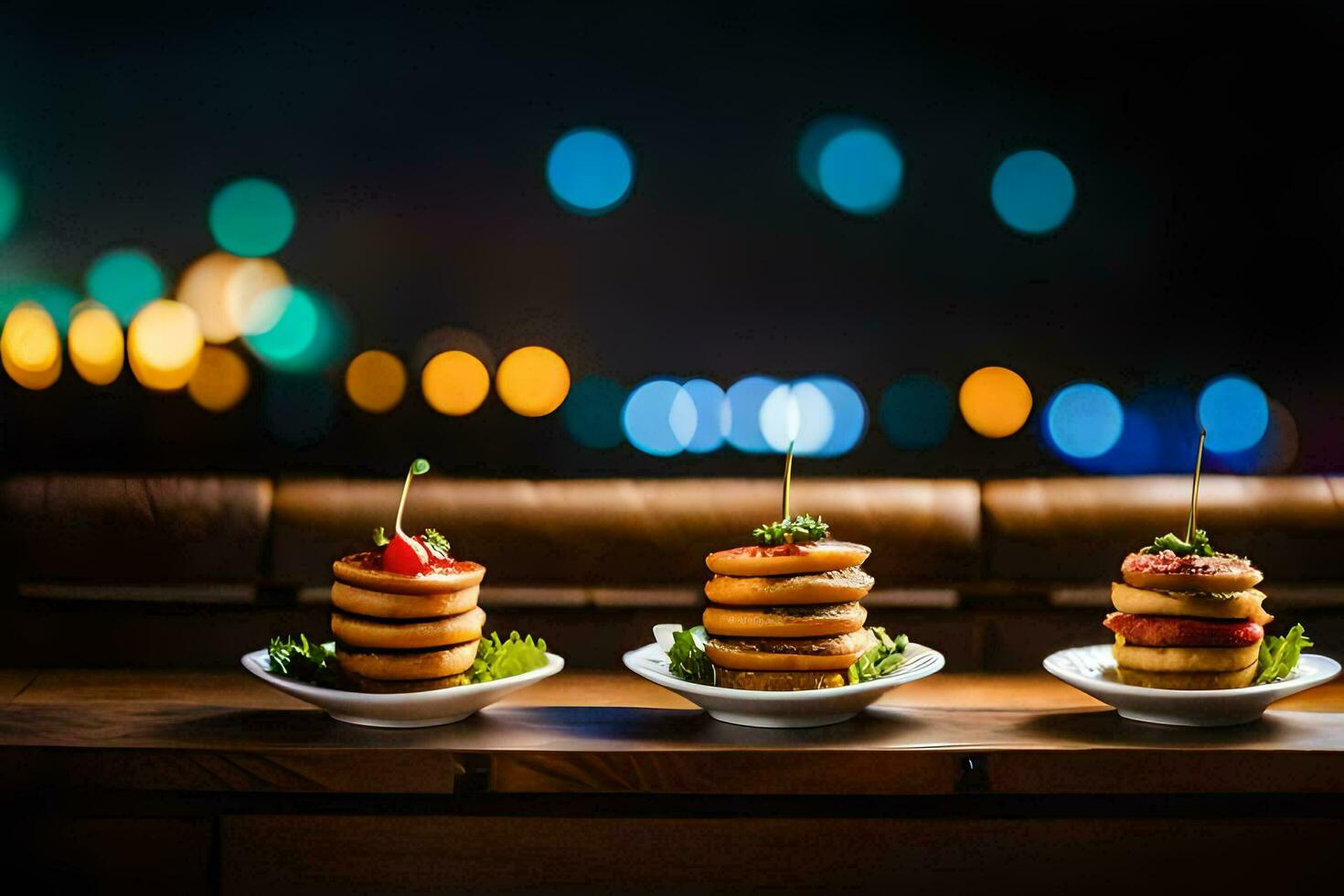 three small plates with food on them sitting on a wooden table. AI-Generated photo