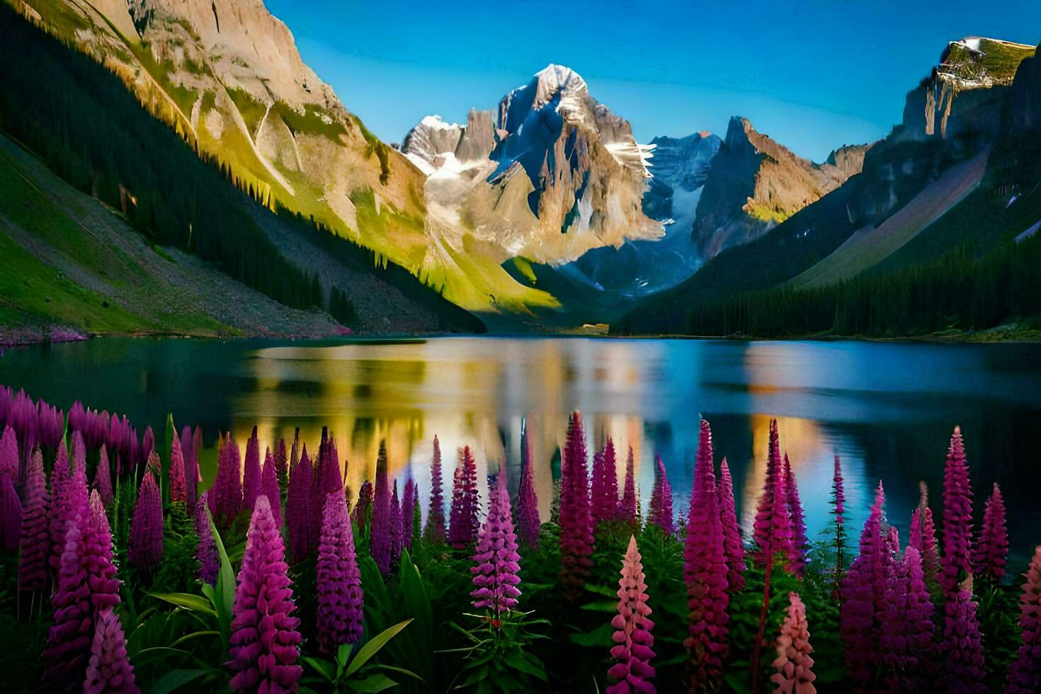 a lake surrounded by purple flowers and mountains. AI-Generated photo