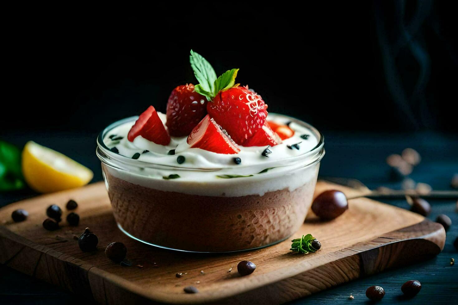 chocolate mousse with strawberries and mint leaves. AI-Generated photo